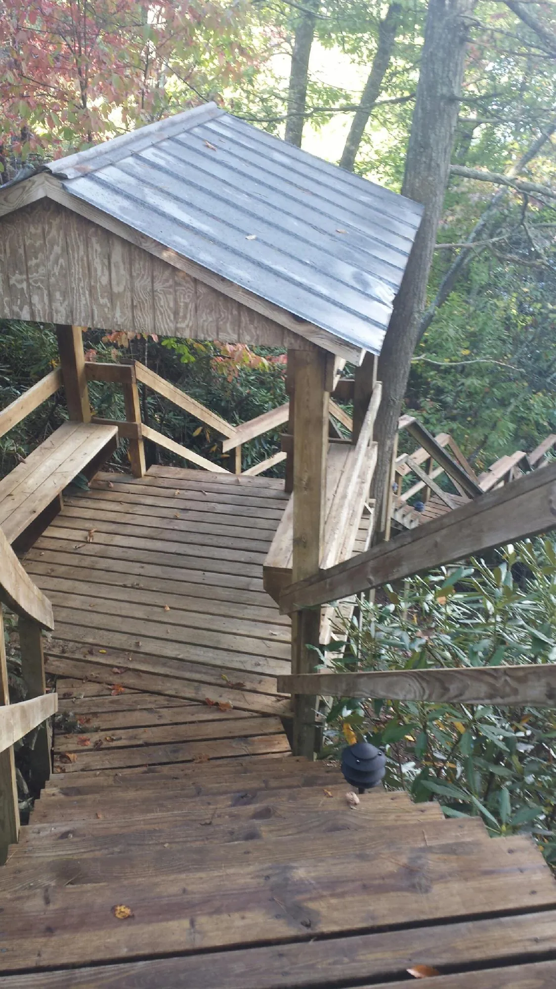 Metal roofed shelter over wooden steps on a wooded walkway — Skylight Repair & Installation work by our crew in Longs